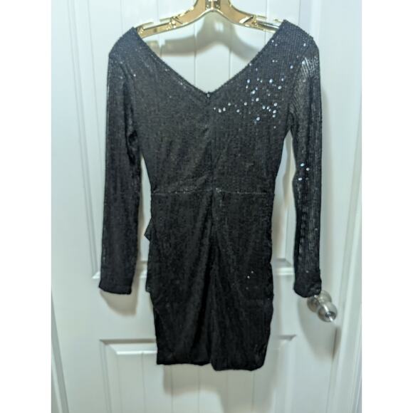 NEW! CBR SEQUIN BLACK DRAPPED MID DRESS V NECK LONG SLEEVE PARTY DRESS SIZE S - Picture 6 of 11
